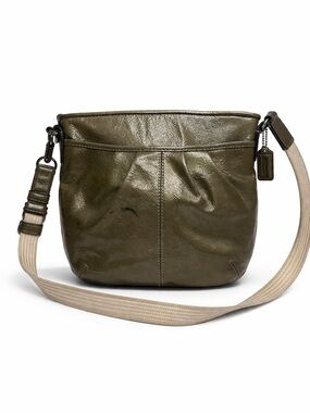 Coach Metallic Olive Green Leather Crossbody Shoulder Bag
